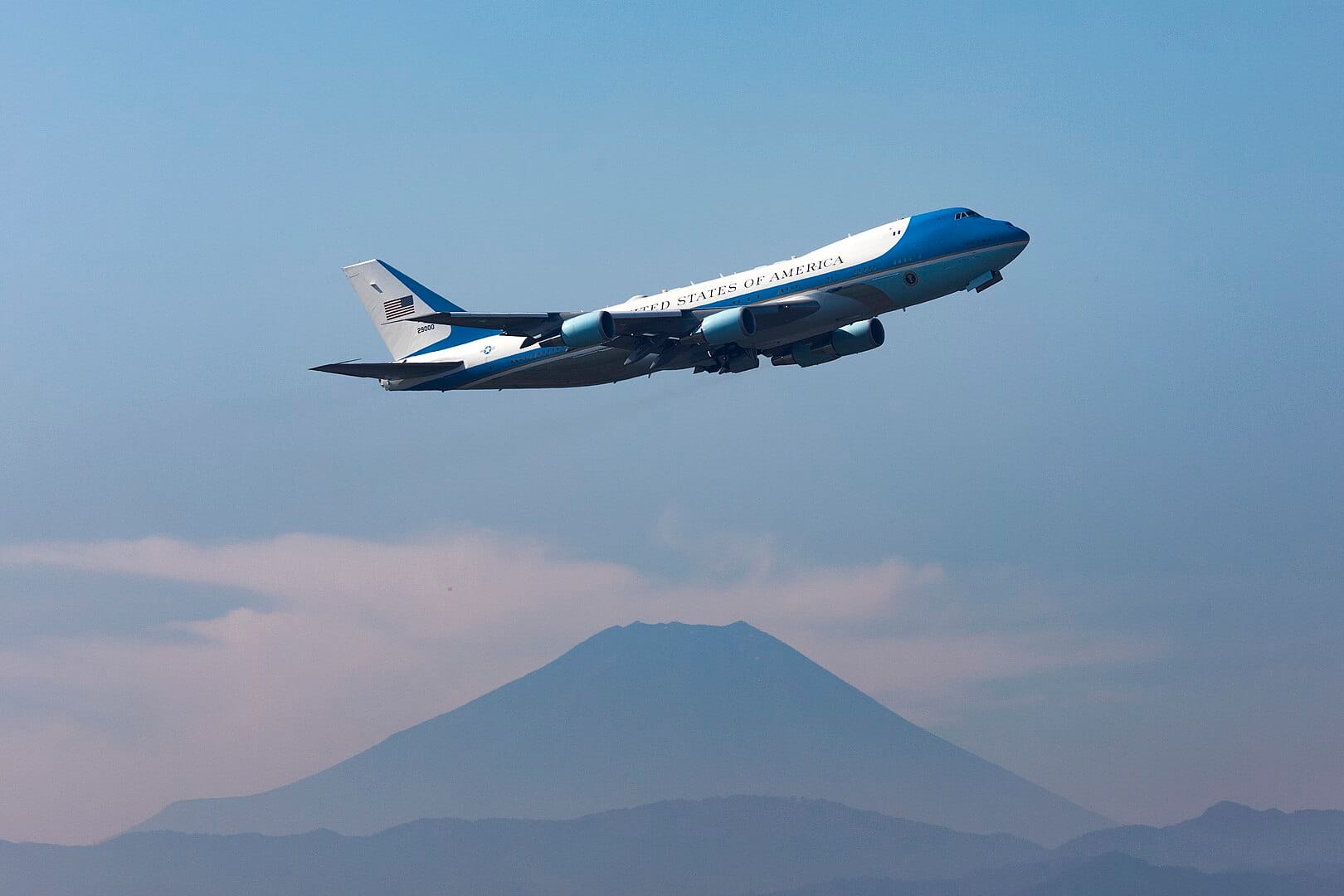 Photo of Air Force One taking off from Yokota Air Base in Japan.