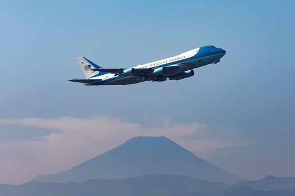 Photo of Air Force One taking off from Yokota Air Base in Japan.